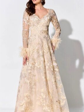 Embellished Long Sleeve Champagne Evening Gown